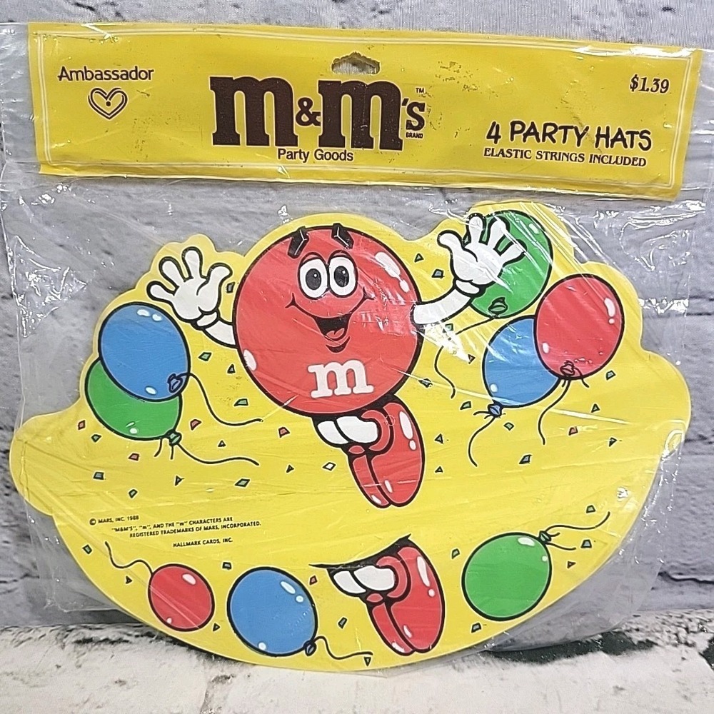 Vintage 80s M&Ms Party Hats Hallmark Ambassador Mars Candy Sealed 4pack NOS